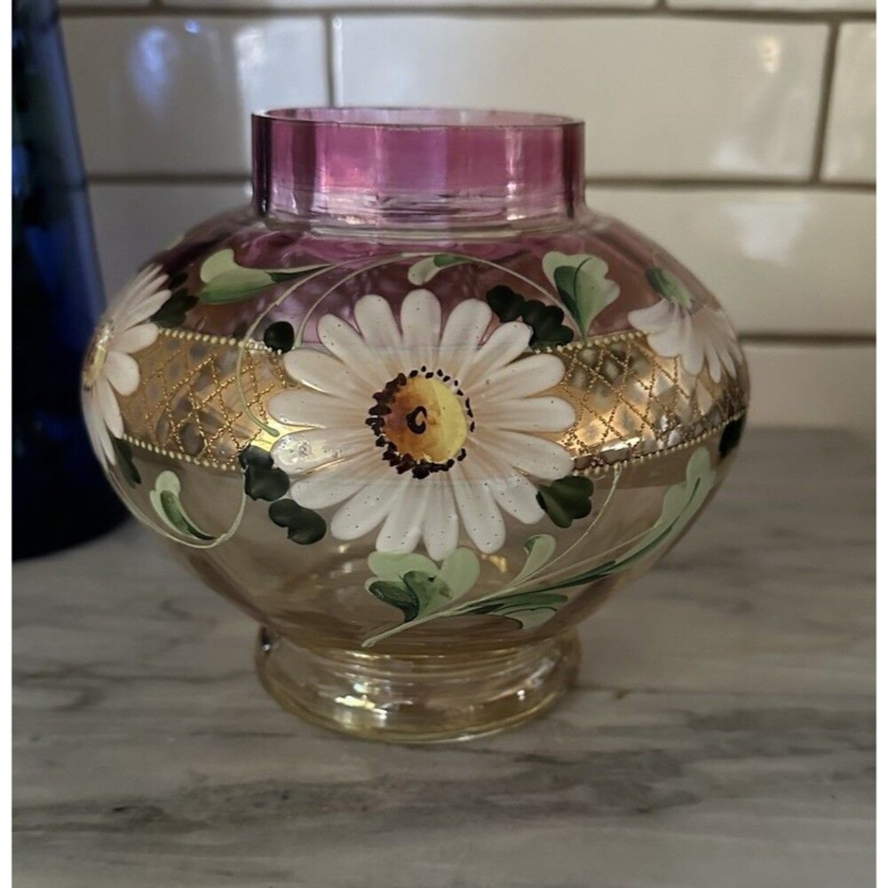 ANTIQUE Victorian Cranberry 6"H Floral Enameled Art Glass Rose Bowl Vase
